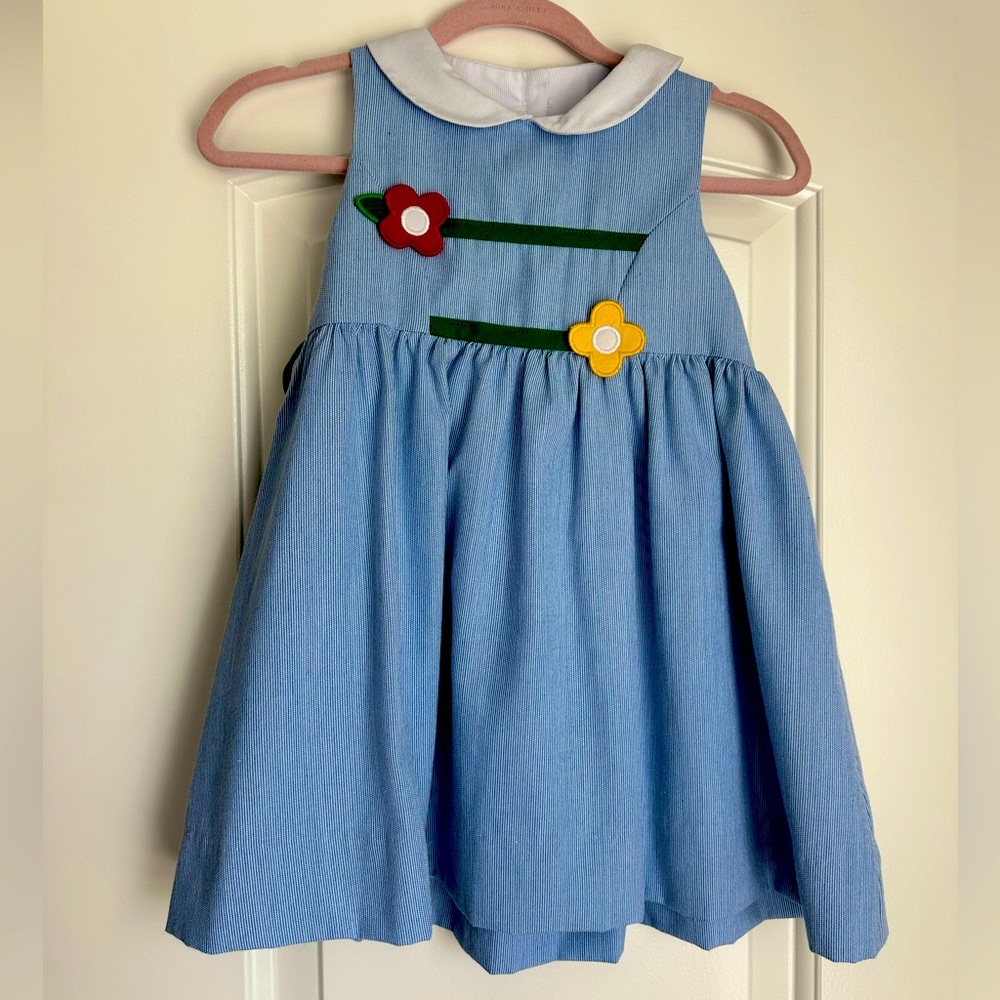 Florence Eiseman Blue Sleeveless Kids Dress with Floral Accents
